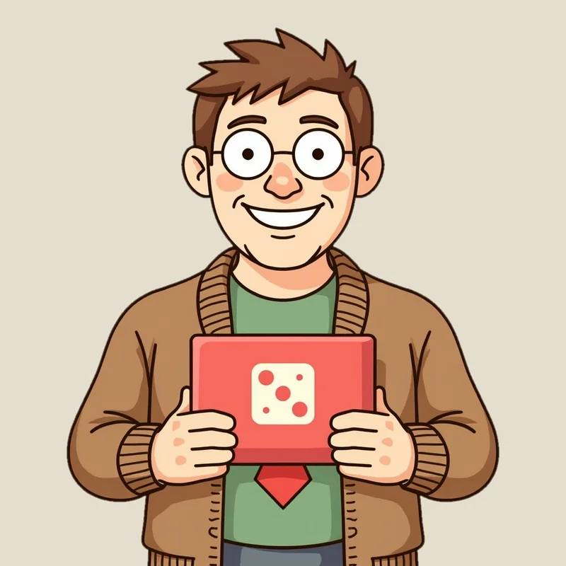 Cartoon portrait of Mike Peterson, owner and author of BoardGameMovie.com, drawn in the site’s mascot style