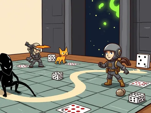 Alien board games banner: a sleek black creature crouches among an armored crew on a spaceship board.