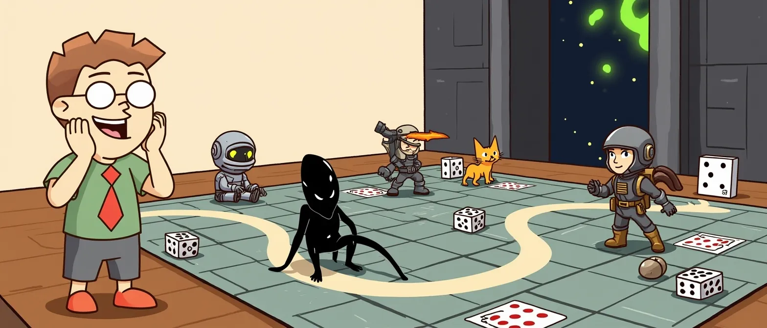 Alien Board Games: banner artwork with the BoardGameMovie mascot