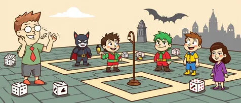 Batman board games banner: a caped dark knight faces a green-haired clown villain below a gothic skyline.