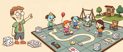 Bluey board games banner: blue cartoon puppies play with balls and a balloon on a backyard board.