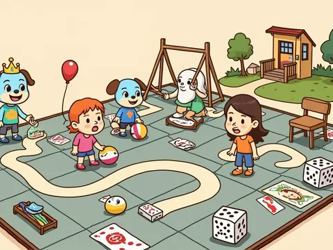 Bluey board games banner: blue cartoon puppies play with balls and a balloon on a backyard board.
