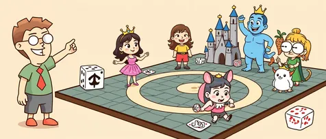 Disney board games banner: a princess, a genie and a snowman-like friend in front of a fairy-tale castle.