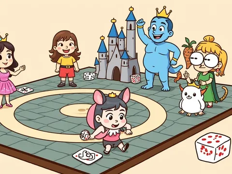 Disney board games banner: a princess, a genie and a snowman-like friend in front of a fairy-tale castle.