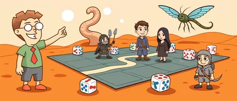 Dune board games banner: a desert warrior, a young noble and a giant sandworm on an orange desert board.