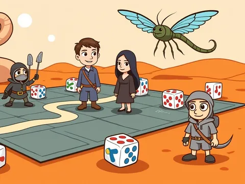 Dune board games banner: a desert warrior, a young noble and a giant sandworm on an orange desert board.