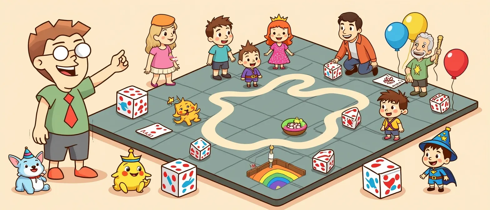 Family board games banner: a cartoon family and the mascot play on a giant game board with balloons and pets.