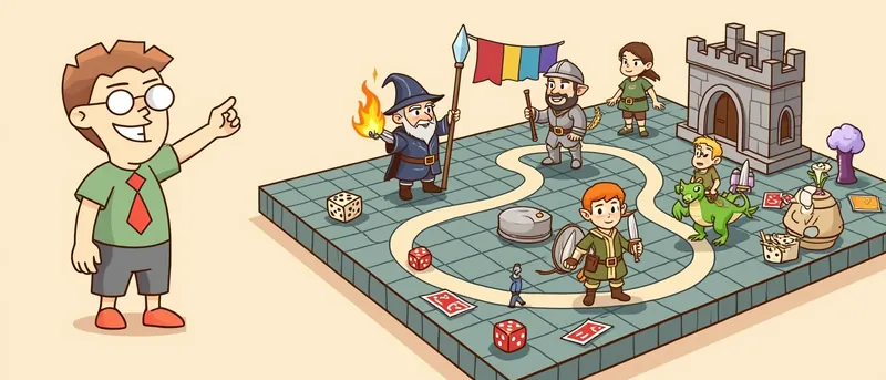The board game nerd points at a giant board with a wizard casting fire, a helmeted knight, an elf with a sword, a small green dragon and a stone castle tower.
