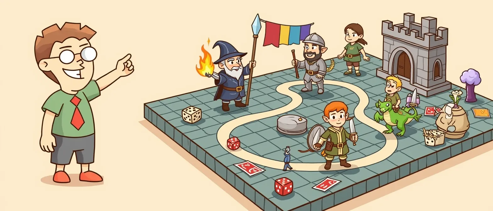 Fantasy Board Games: banner artwork with the BoardGameMovie mascot