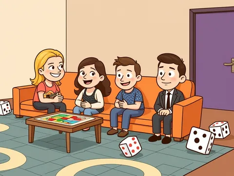 Friends board games banner: four friends on an orange couch around a game board with a big coffee mug.