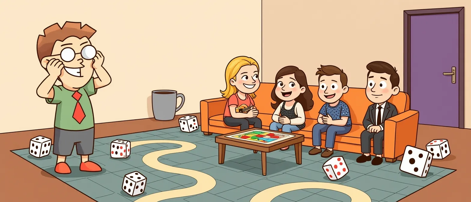 Friends Board Games: banner artwork with the BoardGameMovie mascot