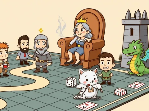 Game of Thrones board games banner: a crowned queen on a throne, a knight and a small dragon.