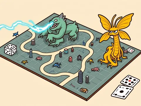 Godzilla board games banner: a giant green monster breathes blue fire over a toy city on a game board.