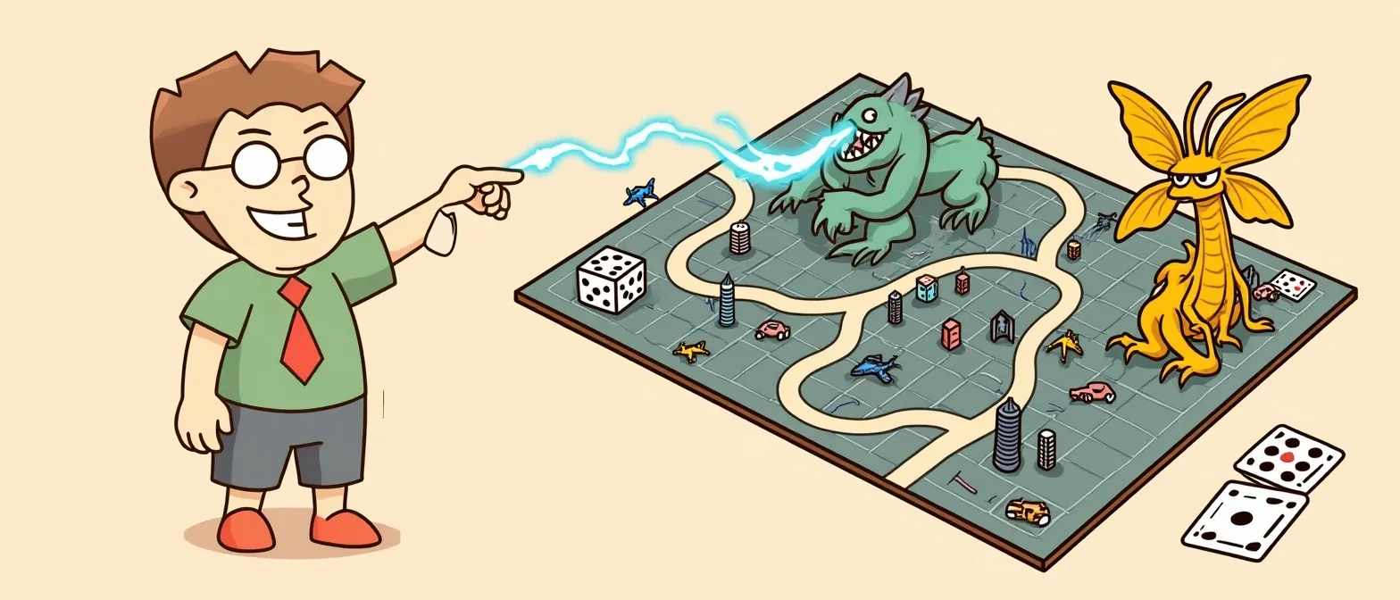 Godzilla Board Games: banner artwork with the BoardGameMovie mascot
