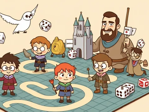 Harry Potter board games banner: young wizards, a bearded giant and a snowy owl among flying dice.