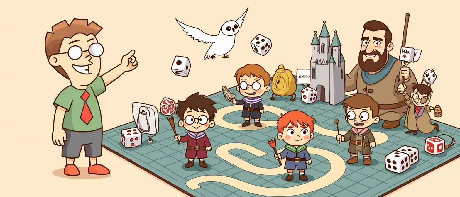 Harry Potter Board Games: banner artwork with the BoardGameMovie mascot