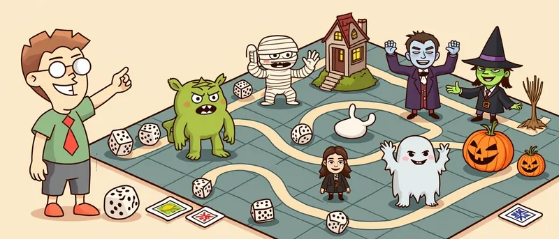 The board game nerd points at a board full of friendly spooky monsters: a green ogre, a mummy, a vampire, a witch, a ghost, jack-o-lanterns and a haunted house.