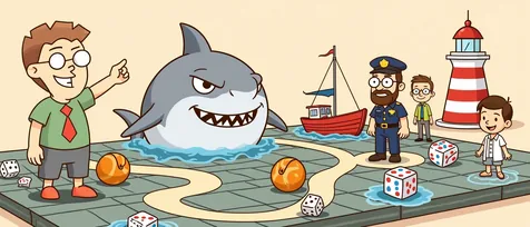 Jaws board games banner: a big grey shark rises from the waves beside a red fishing boat and a lighthouse.
