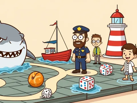 Jaws board games banner: a big grey shark rises from the waves beside a red fishing boat and a lighthouse.