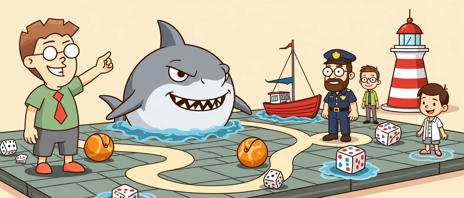 Jaws Board Games: banner artwork with the BoardGameMovie mascot
