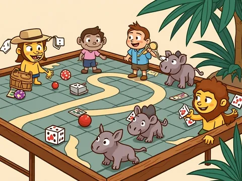 Jumanji board game banner: jungle animals and an explorer burst out of a wooden game board.