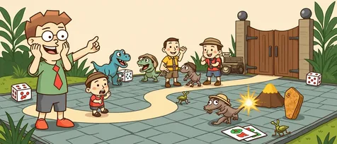 Jurassic Park board games banner: cartoon dinosaurs and explorers in front of a wooden jungle park gate.
