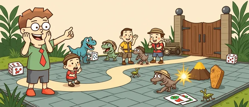 The board game nerd looks astonished as cartoon dinosaurs and explorers in safari hats gather on a game board in front of a big wooden jungle park gate and an old jeep.