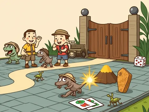 Jurassic Park board games banner: cartoon dinosaurs and explorers in front of a wooden jungle park gate.