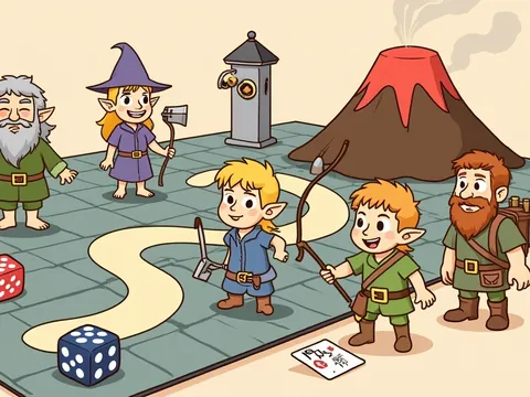 Lord of the Rings board games banner: a hobbit with a golden ring, a wizard, an elf and a dwarf.
