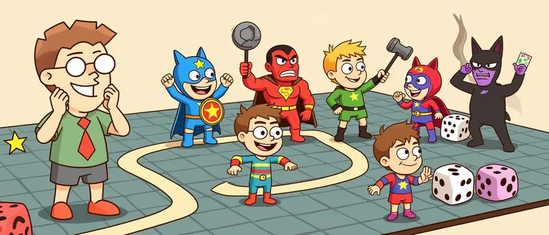 The board game nerd looks on in delight as a team of caped and masked chibi superheroes with a round shield and a big hammer face a purple villain on an oversized game board.
