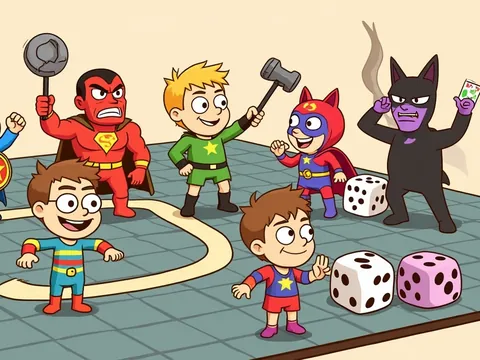 Marvel board games banner: caped chibi superheroes face a purple villain on an oversized game board.