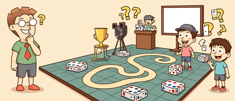 The board game nerd thinks with a hand on his chin beside a quiz show board with a podium, a film camera, a golden trophy, floating question marks and cheerful kids.