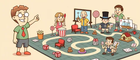Movies based on board games banner: a top hat token, popcorn, a model ship and red cinema chairs.