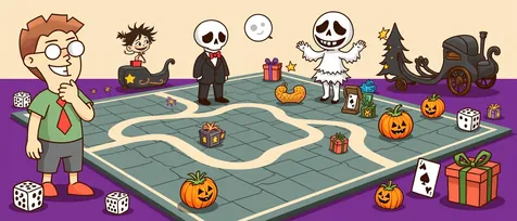 Nightmare Before Christmas board games banner: a pinstripe skeleton gentleman, a ghost and pumpkins.