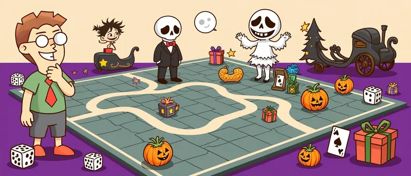 The board game nerd ponders a spooky Christmas board with a pinstripe skeleton gentleman in a bat bow tie, a white ghost, a coffin-shaped sleigh, jack-o-lantern pumpkins and wrapped presents on a purple twilight ground.
