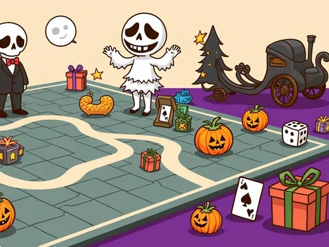 Nightmare Before Christmas board games banner: a pinstripe skeleton gentleman, a ghost and pumpkins.