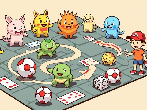 Pokemon board games banner: cute pocket monsters, capture balls and a young trainer on a giant game board.