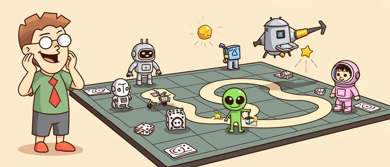 The board game nerd looks delighted at a giant board with a chunky robot, a small round droid, a green alien, a pink astronaut and a retro rocket ship.