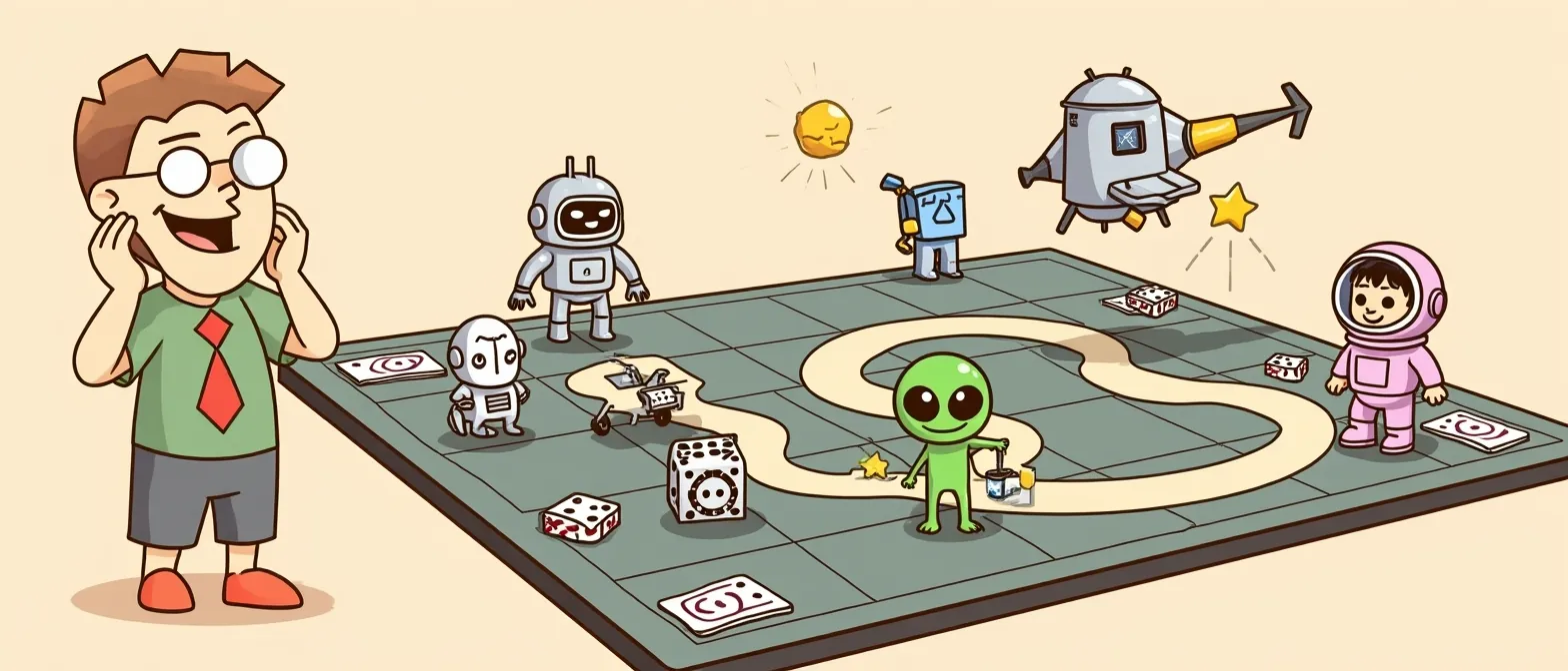 Sci-Fi Board Games: banner artwork with the BoardGameMovie mascot