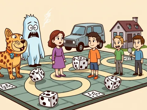 Scooby-Doo board games banner: a spotted cartoon dog, a ghost and young detectives near a spooky house.