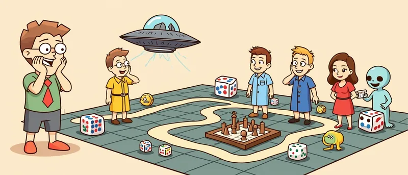 The board game nerd gasps at a giant board with a starship crew in yellow and blue uniforms, a flying saucer ship, a friendly alien and a tiered three-dimensional chess set.