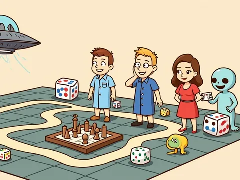 Star Trek board games banner: a starship crew, a flying saucer and a three-dimensional chess set.