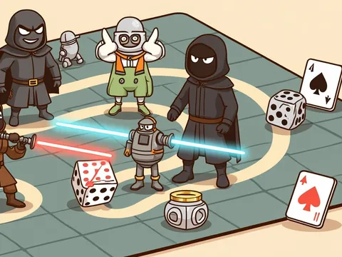 Star Wars board games banner: chibi space knights duel with glowing sabers on a giant game board.