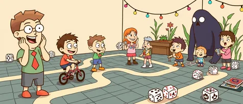 Stranger Things board games banner: 1980s kids on bikes play dice games while a shadow monster looms.