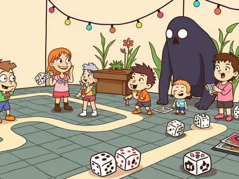 Stranger Things board games banner: 1980s kids on bikes play dice games while a shadow monster looms.