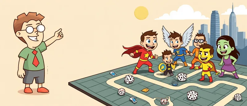 The board game nerd points at a giant board where a team of five original caped heroes, including a winged one and a green-skinned heroine, pose in front of a city skyline.