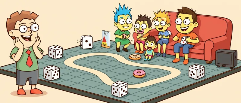 The board game nerd looks on as a yellow-skinned cartoon family sits on a red couch beside a giant board, with a donut, a TV set and oversized dice.