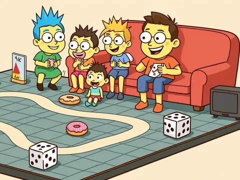 The Simpsons board games banner: a cartoon family on a red couch beside a giant board with a donut.